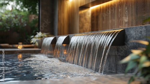 Luxurious modern villa with tranquil pool and waterfall surrounded by nature
