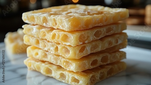 Delicious sweet pancakes stacked on a plate with a decorative herb on top