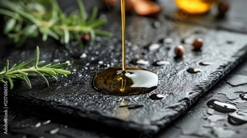 Olive oil drizzled over fresh cherry tomatoes and herbs on black slate with r...