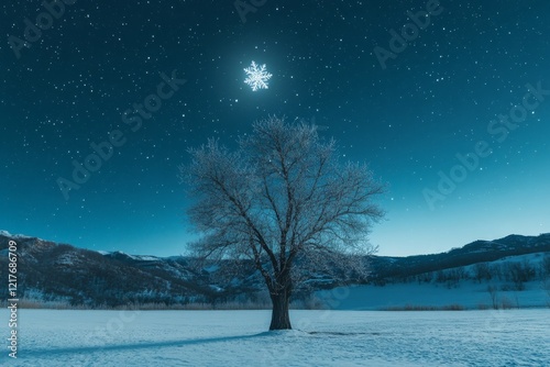Snow covers a cozy house at dusk with sparkling stars in the winter sky