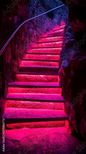 Stairway illuminated by red light inside a rocky cave with natural stone walls