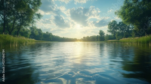 Tranquil river reflecting golden sunset light surrounded by lush trees in ser...