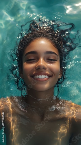 Smiling young woman enjoying a sunny day in a swimming pool during summer