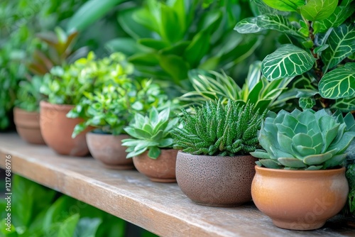 Bright green plants arranged neatly on a wooden shelf in indoor garden setting