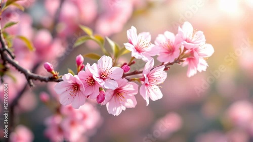 Pink cherry blossoms on branch on blurred background. Spring nature concept. Hanami, Sakura Matsuri festival slow motion video. Blooming sakura in Japan garden. Beautiful asian nature footage.