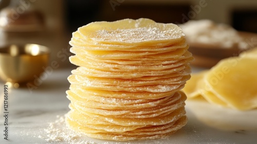 Freshly made tortillas stacked on a marble countertop in a cozy kitchen setting