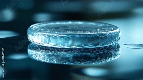 Clear glass disc resting on a reflective surface with water droplets around it