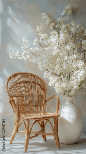Rattan chair beside white flowers in a modern interior setting with soft light