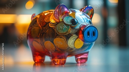 Colorful glass piggy bank filled with coins reflecting savings methods and fi...