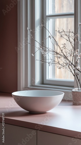Elegant white bowl with decorative branches on a pastel pink kitchen countertop