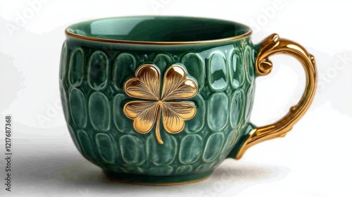 Decorative green ceramic cup with floral design in natural light setting
