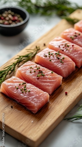 Freshly cut salmon fillets arranged on a wooden board garnished with herbs an...