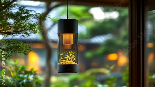 Modern hanging planter with illuminated greenery in serene garden setting