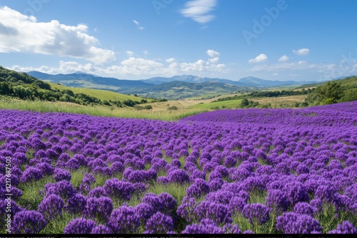 Vibrant lavender fields stretch across rolling hills under a clear blue sky