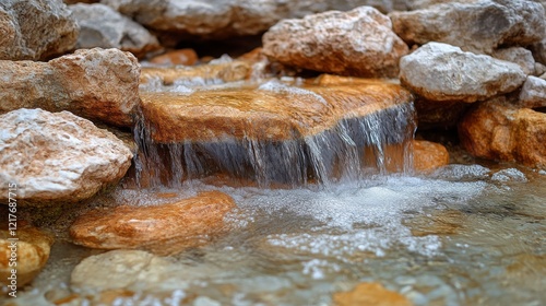 Clear water flowing over smooth stones in a serene mountain river on a sunny day