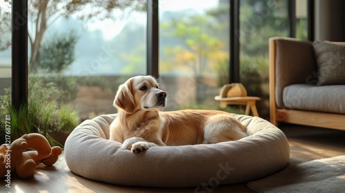 Relaxed golden retriever resting in cozy bed by large window in modern living...