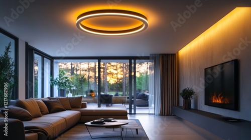 Modern living room design featuring orange circular ceiling lights in a styli...