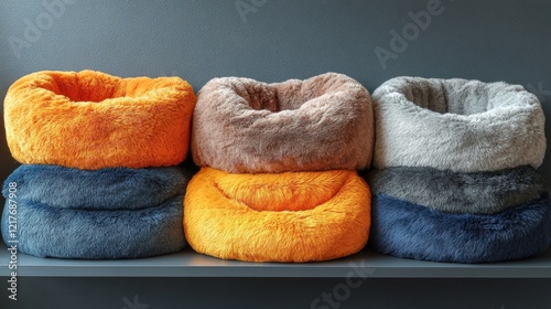 Cozy assortment of decorative pillows arranged neatly on a wooden shelf in a ...
