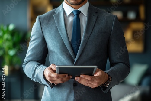 Business professional in formal attire using tablet in modern office environment