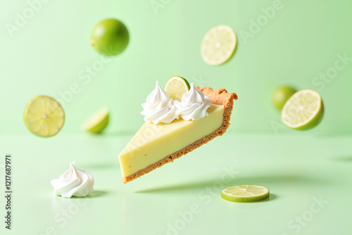 Key lime pie cheesecake slice floating with lime slices and whipped cream rosettes against a pale mint green background, vibrant dessert concept. photo