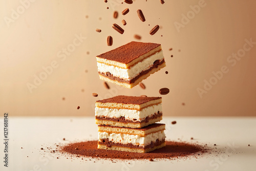 Floating tiramisu layers with espresso-soaked ladyfingers and mascarpone cream against a soft cafe au lait background, dessert concept. Cover for cookbooks or advertising of restaurants, bakeries photo