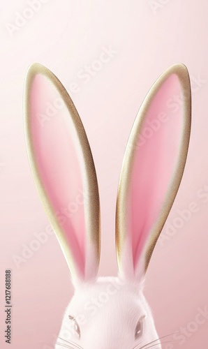 A fluffy white rabbit with pink ears and a shiny gold nose, perfect for celebrating Easter festivities.