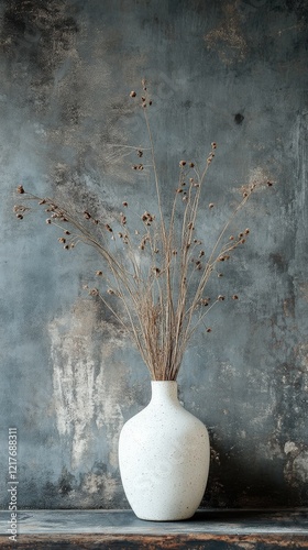 Modern white vase with dry branches displayed against a minimalist backdrop i...