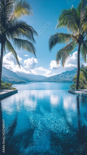 Tranquil poolside view with palm trees against a serene mountain backdrop dur...