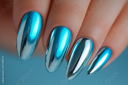 Metallic blue and silver nail art design showcasing modern manicure techniques