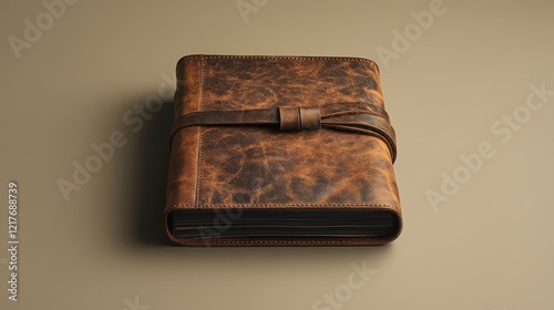 Leather-bound journal rests beside a potted plant in a sunlit room