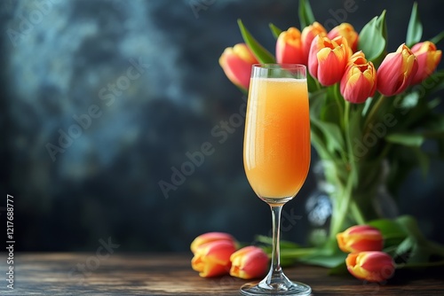 Vibrant tulips in a turquoise vase against a textured backdrop