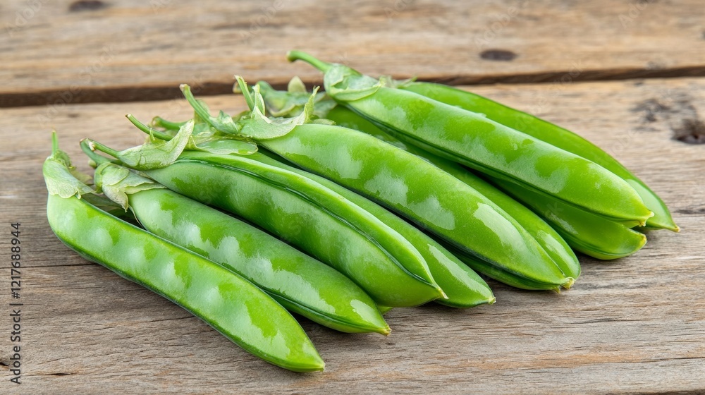 Fresh Green Snap Peas with Visible Veins on Rustic Wooden Surface Fresh Green Snap Peas with Visible Veins on Rustic Wooden Surface
