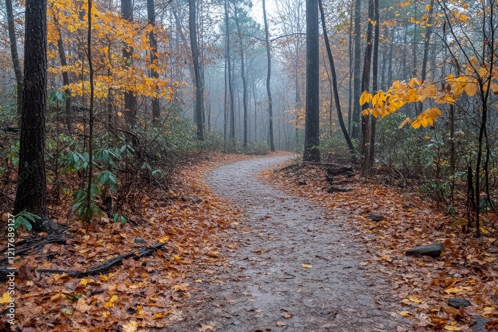 Obraz premium Autumn pathway through a misty forest with golden leaves and soft lighting