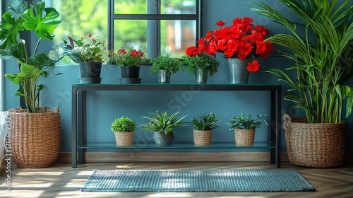 Beautiful indoor plant arrangement with vibrant flowers and greenery on a sty...