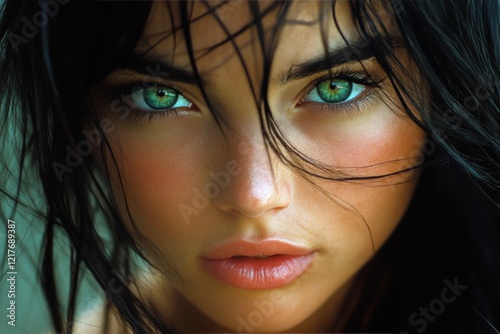Portrait of a woman with striking green eyes and dark hair showcasing natural...