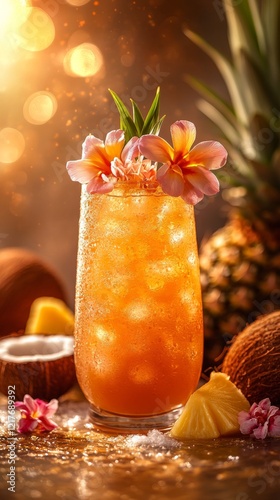 Refreshing tropical cocktail garnished with flowers and fruits in a warm setting