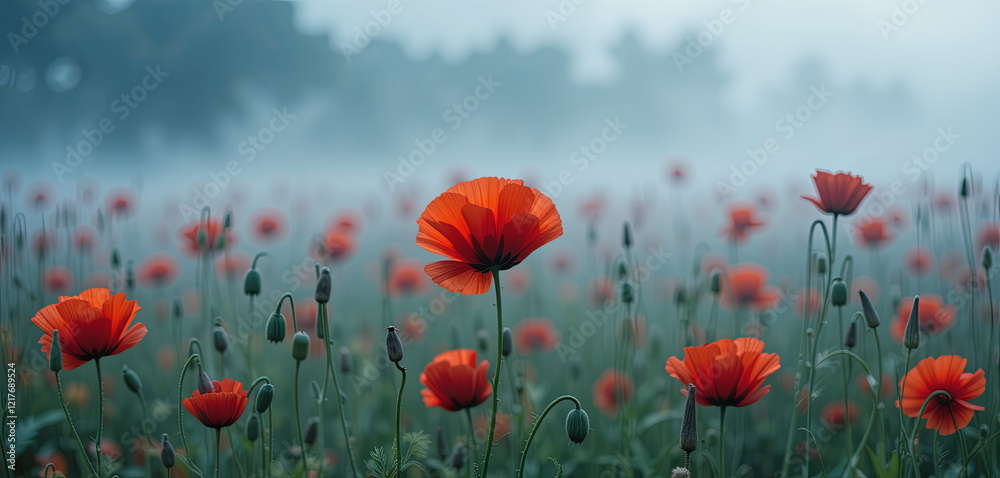Fototapeta premium Bright red poppy flowers stand out in a lush green field, surrounded by a light mist and soft morning light. Dew can be seen on the petals as nature awakens