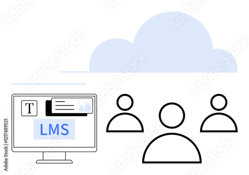 Computer screen displaying LMS tools, three user icons, large cloud above. Ideal for e-learning, digital collaboration, remote work, education, content management, tech innovation abstract line flat