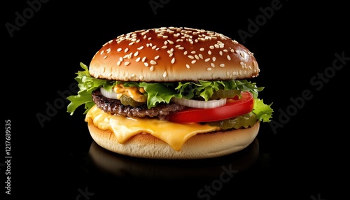 Delicious Homemade Burger: Bun With Sesame Seeds, Meat, Cheese, Lettuce, Tomato, And Cheese Sauce, Top View With Copy Space. photo