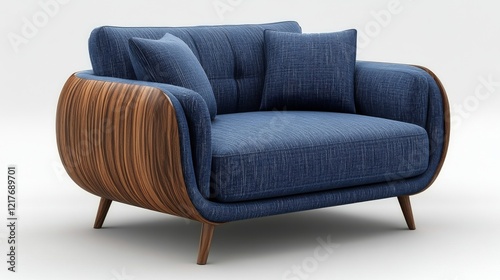 Modern blue upholstered chair with wooden accents in minimalist design