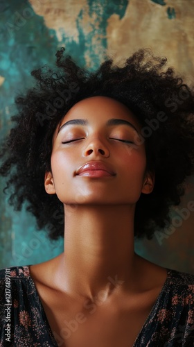 Young woman with freckles enjoying a moment of tranquility surrounded by red ...