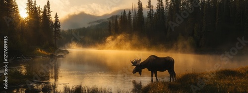 Majestic Moose at Sunrise Misty River Golden Hour Wildlife Scene