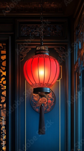 Red lantern illuminating traditional decor in a vintage indoor setting