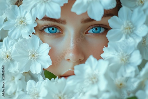Captivating portrait of a young woman surrounded by white flowers with striki...