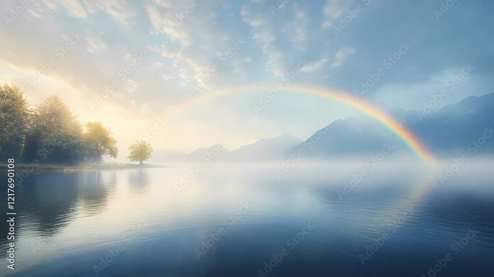 A serene view of a rainbow arching over a calm body of water with a fog-covered shore in the early morning light. Rainbow Shoreline. Illustration A serene view of a rainbow arching over a calm body of water with a fog-covered shore in the early morning light. Rainbow Shoreline. Illustration