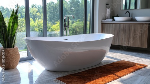 Relaxing bubble bath in a serene bathroom setting with soft lighting and mode...