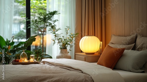 Cozy bedroom setup with warm lighting and soft textures perfect for relaxatio...