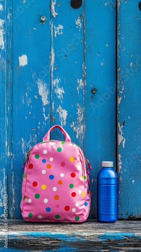 Bright backpack and water bottle against a vibrant blue wall in outdoor setting