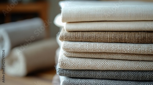 Neutral toned folded blankets stacked neatly on a table in a cozy living room...