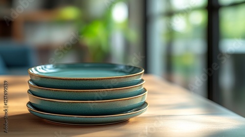 Elegant stack of turquoise plates with gold trim on a wooden table in a cozy ...